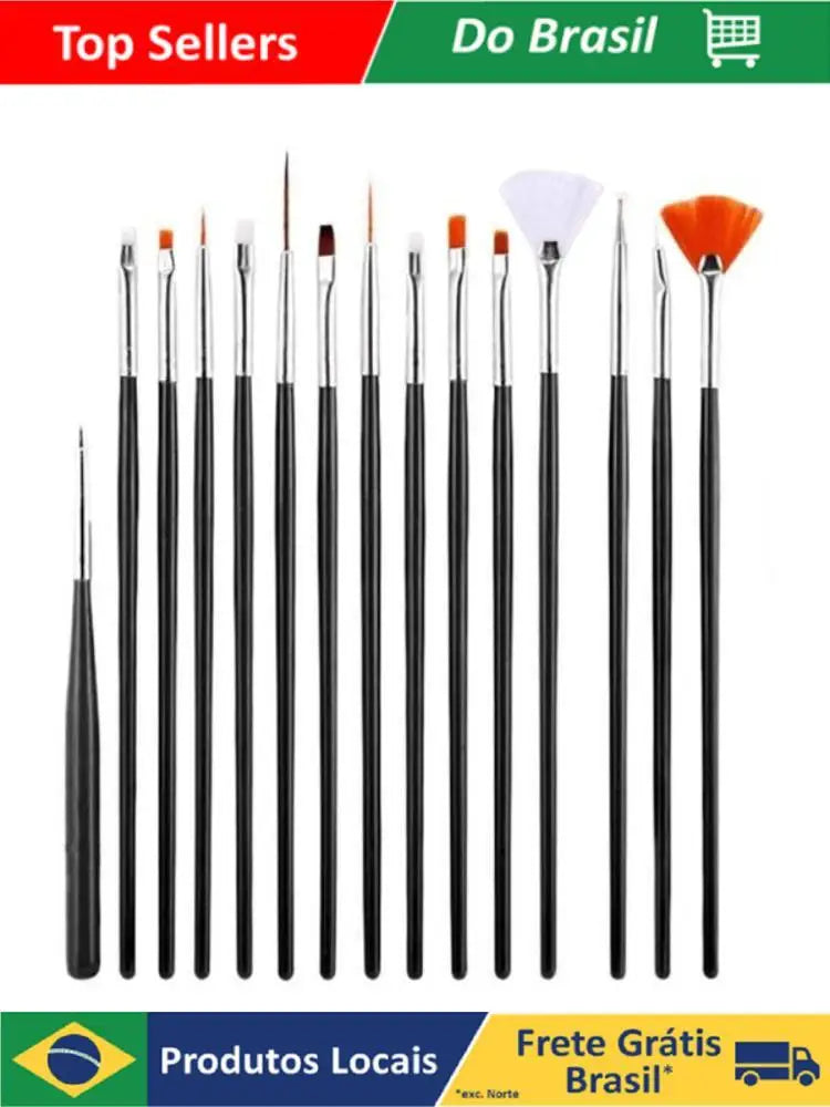 Kit com 15 Pincéis para Unhas Decorativas