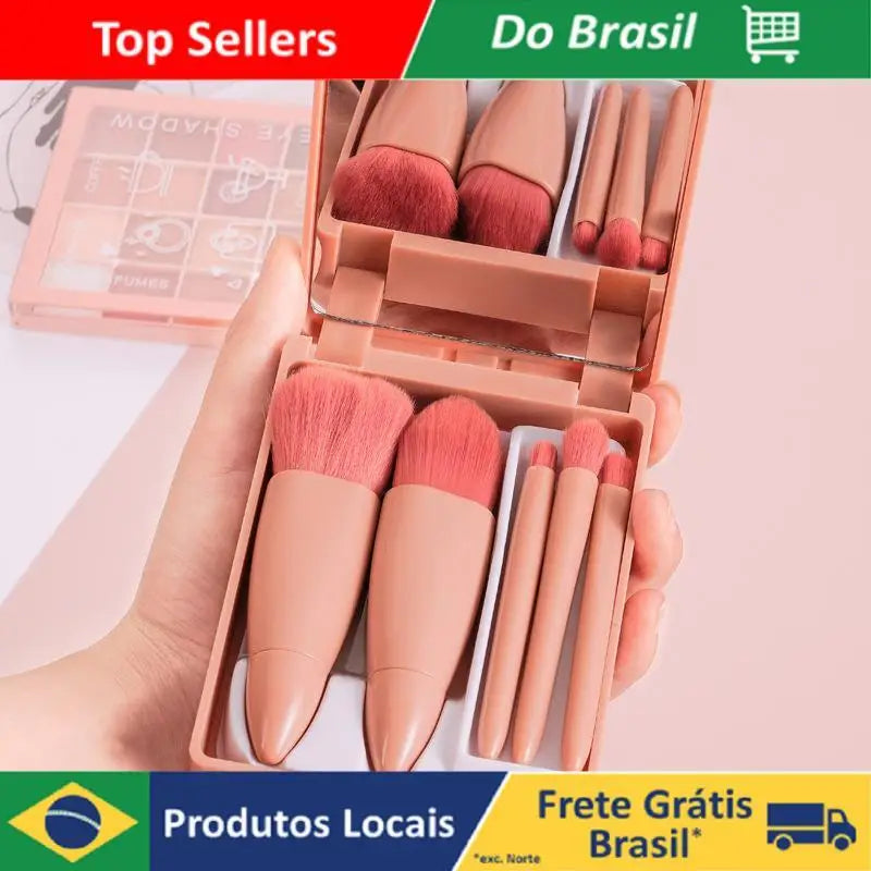 Kit de Pincéis de Maquiagem Portátil com Espelho - 5 Pincéis para Maquiagem