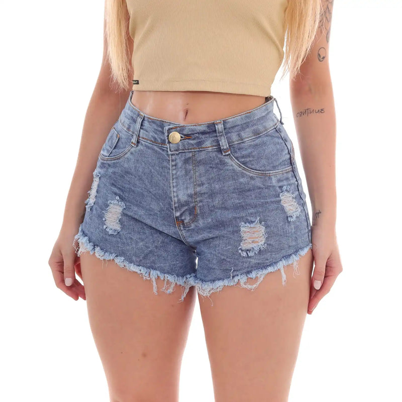 Shorts Jeans Feminino Azul Marmorizado Puído Luxo Tendência Verão